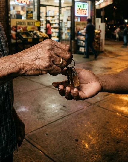 A business owner handing keys to the next owner