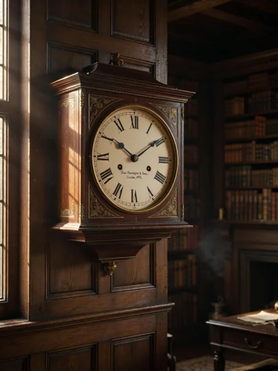 A traditional wooden clock in a library