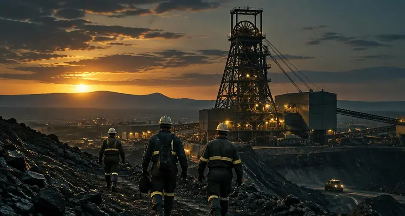 Mine workers walking towards a headframe at dusk